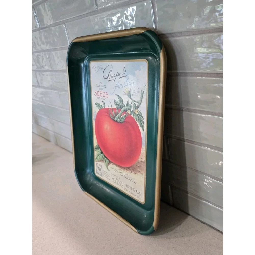 Vintage Burpees Seeds Metal Serving Tray Matchless Tomato 1914 Catalog Art Tin